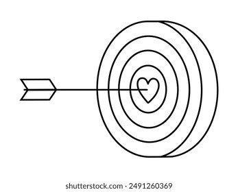 Hand drawn cute outline illustration arrow hit center of target with heart. Flat vector mutual feelings line art doodle style. Find perfect match icon. Dating online app print. Romantic love. Isolated