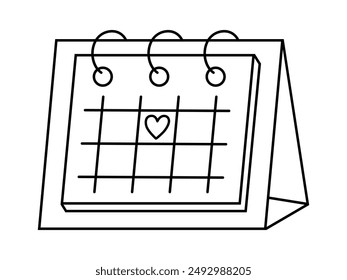 Hand drawn cute outline illustration of calendar with heart on 14 February. Flat vector date planning in line art doodle style. Valentines day reminder icon or print. Romantic event schedule. Isolated