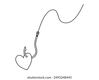 Hand drawn cute outline illustration heart on hook with fishing line. Flat vector falling in love line art doodle. Abusive relationships.Perfect match icon. Romantic codependent feelings. Isolated.