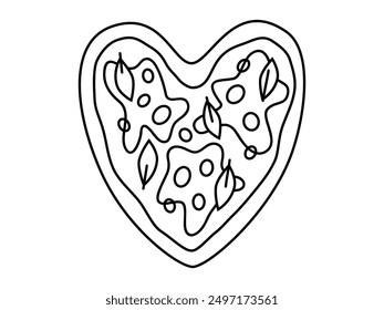 Hand drawn cute outline illustration of heart shaped pizza. 14 February meal. Flat vector date dinner in line art doodle style. Valentines day italian food icon or print. Romantic event. Isolated.