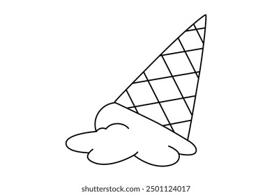 Hand drawn cute outline illustration fallen ice cream in waffle cone. Flat vector drop cold sweet dessert line art doodle style. System network error icon. Not found mistake. Repair service. Isolated.