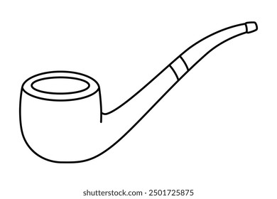 Hand drawn cute outline illustration of smoking pipe. Flat vector classic tobacco wooden pipe in line art doodle style. Unhealthy habit icon. Toxic addiction. Old gentleman leisure narcotic. Isolated.