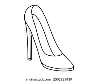 Hand drawn cute outline illustration wedding shoes. Flat vector high heel bridal shoe lineart sticker doodle. Propose or marriage footwear. Valentine's Day love concept icon. Vow and promise. Isolated