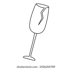 Dibujado a mano linda ilustración de contorno de copa de vino rota. Vajilla de Vector plana con estilo de doodle de arte de línea de grieta. Alcoholismo o consumo excesivo de alcohol. Icono de material frágil. Concepto de crisis o estrés. Aislado.