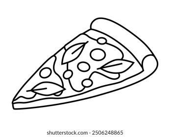 Dibujado a mano lindo esquema ilustración rebanada de pizza. Comida rápida. Vector plano estilo doodle de arte de línea de cena poco saludable. Icono o impresión de cocina italiana. Trastorno alimentario. Comer comida chatarra en exceso. Aislado.