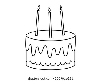 Hand drawn cute outline illustration of birthday cake with candles. Anniversary pie. Flat vector celebration party dessert line art doodle style. Invitation sweet food icon. Holiday event. Isolated.