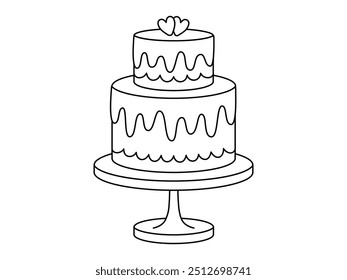 Hand drawn cute outline illustration of wedding cake with hearts. 14 February pie. Flat vector marriage party dessert line art doodle style. Valentines day sweet food icon. Romantic event. Isolated.