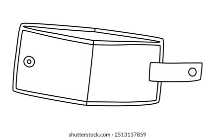 Ilustração de contorno bonito desenhado à mão de carteira aberta vazia. Vetor plano falta de adesivo de dinheiro no estilo de rabiscar da arte em linha. Ícone de falido ou pobreza. Dificuldades financeiras Compras ou pagamento. Isolado.