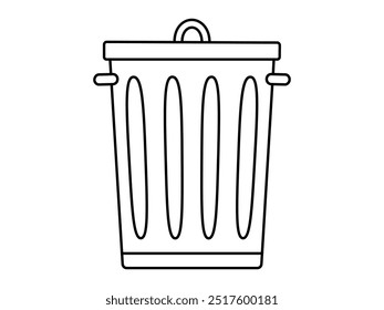 Hand drawn cute outline illustration of big garbage can with lid. Flat vector trash bin, environmental pollution design in line art doodle style. Ecology sticker, icon. Rubbish disposal. Isolated.