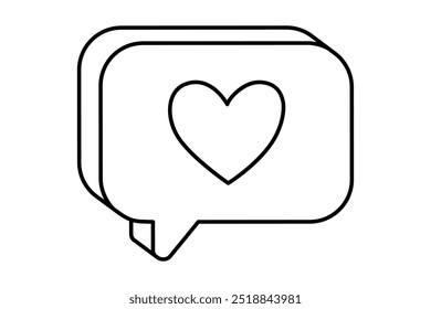 Hand drawn cute outline illustration speech bubble with heart. Flat vector falling in love message line art doodle. Online relationships. Social media addiction icon. Like from follower. Isolated.