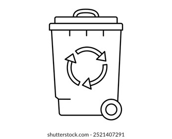 Hand drawn cute outline illustration of big garbage can with wheel. Flat vector trash bin, environmental pollution design in line art doodle style. Ecology sticker, icon. Rubbish disposal. Isolated.