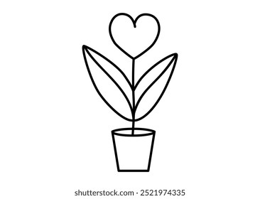 Handgezeichnete süße Umrissgrafik Blume in Herzform in Topf mit Blättern. Liebe Gefühl Pflanze Linie Kunst doodle Stil. Valentinstag Baum Aufkleber, Symbol oder Druck. Romantisches Geschenk für den Urlaub. Einzeln.