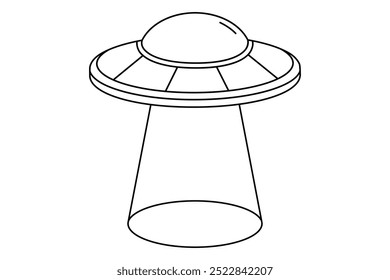 Hand drawn cute outline illustration UFO with light ray. Flat vector alien space ship line art doodle. Flying saucer. Unidentified flying object. System error 404 icon. Not found mistake. Isolated.