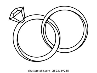 Hand drawn cute outline illustration of wedding rings. Flat vector engagement ring with gemstone sticker in line art doodle. Propose and marriage. Valentine's Day and love concept icon. Isolated.