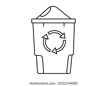 Hand drawn cute outline illustration of green garbage can with wheel. Flat vector recycling trash bin, environmental pollution line art doodle style. Ecology sticker, icon. Waste sorting. Isolated.