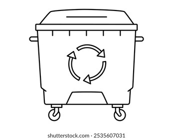 Hand drawn cute outline illustration outdoor garbage can with wheel. Flat vector recycling big trash bin, environmental pollution line art doodle style. Ecology sticker, icon. Waste sorting. Isolated.