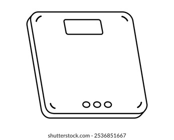 Dibujado a mano lindo esquema ilustración de balanzas electrónicas de peso. Doodle de arte de línea de dispositivo de piso de medida de Vector plano. Icono o impresión de control de obesidad o sobrepeso. Alimentación o dieta saludable. Aislado.