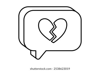 Hand drawn cute outline illustration speech bubble with broken heart. Flat vector disagree message line art doodle. Negative reaction. Social media icon. Dating app. Dislike from follower. Isolated.