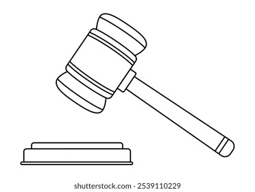 Hand drawn cute outline illustration judge gavel. Flat vector lawyer hammer line art doodle style. Crime verdict icon. Justice and law concept. Control and order. Government legislation. Isolated.