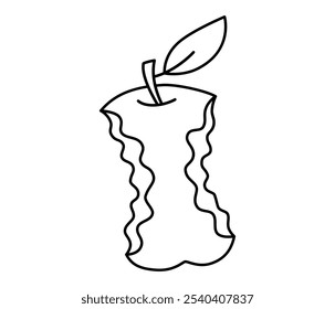 Dibujado a mano linda ilustración de contorno núcleo de manzana. Vector plano que recicla la basura o la contaminación ambiental en estilo del doodle del arte de la línea. Basura orgánica. Etiqueta engomada de la comida sana, icono. Clasificación de residuos. Aislado