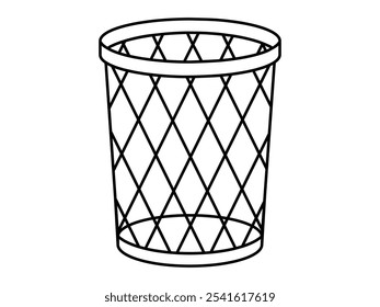 Hand drawn cute outline illustration of mesh trash bin. Flat vector metal garbage basket for paper. Environmental pollution design in line art doodle. Ecology sticker, icon. Waste sorting. Isolated.