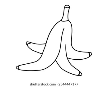 Hand drawn cute outline illustration banana peel. Flat vector recycling trash line art doodle. Organic garbage. Slip on banana skin sticker, icon. Bad joke or danger accident. Waste sorting. Isolated.