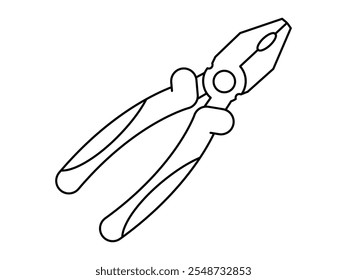 Hand drawn cute outline illustration of linesman pliers instrument. Flat vector repair tool in line art doodle style. Support service hardware icon. Settings or fix problem. Find solution. Isolated.