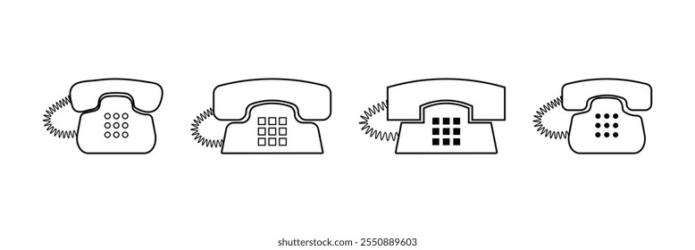 Hand drawn cute outline illustration of retro wired phone. Flat vector old telephone with dial sticker in simple line art doodle style. Call device icon or print. Eps 10.