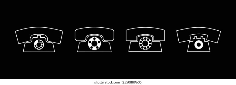 Hand drawn cute outline illustration of retro wired phone. Flat vector old telephone with dial sticker in simple line art doodle style. Call device icon or print. Eps 10.