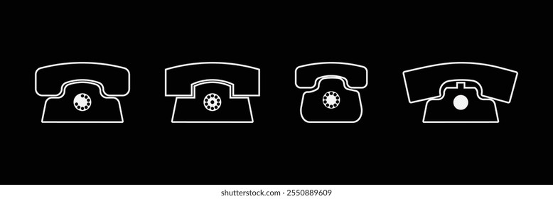 Hand drawn cute outline illustration of retro wired phone. Flat vector old telephone with dial sticker in simple line art doodle style. Call device icon or print. Eps 10.