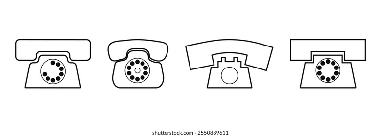 Hand drawn cute outline illustration of retro wired phone. Flat vector old telephone with dial sticker in simple line art doodle style. Call device icon or print. Eps 10.