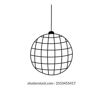 Hand drawn cute outline illustration of disco ball. Flat vector club sphere decoration line art sticker doodle. Nightlife festival. Retro music party concept icon. Celebration event. Isolated.