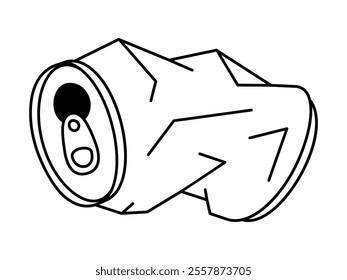 Hand drawn cute outline illustration of crumpled soda can. Flat vector recycling metal trash or environmental pollution doodle line art. Crushed beverage tin sticker or icon. Waste sorting. Isolated.