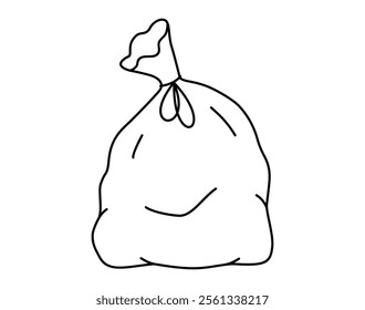 Hand drawn cute outline illustration of big garbage bag. Flat vector black plastic package with trash, environmental pollution design in line art doodle style. Waste sorting sticker, icon. Isolated.