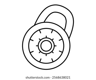 Hand drawn cute outline illustration closed combination lock. Flat vector protection tool sticker line art doodle. Safety code number icon. Reliability and trust in banking. Security system. Isolated.