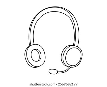 Hand drawn cute outline illustration of headphones with microphone. Flat vector wireless headset line art doodle. Support or help service icon. Customer assistance. Call center operator. Isolated.