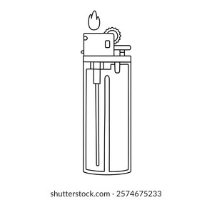 Hand drawn cute outline illustration of burning lighter. Flat vector fire equipment sticker in line art doodle. Cigarette lighter with flame icon. Mental burnout. New idea or startup. Isolated.