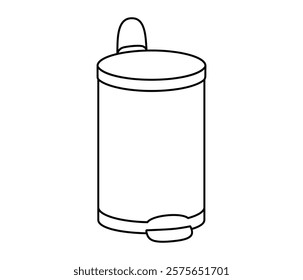 Hand drawn cute outline illustration of pedal garbage can with closed lid. Flat vector step on trash bin, environmental pollution line art doodle. Ecology sticker, icon. Rubbish disposal. Isolated.