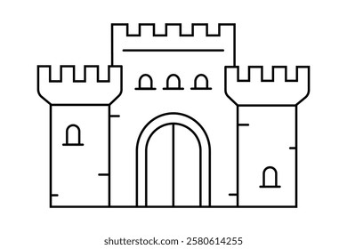 Hand drawn cute outline illustration of medieval castle. Flat vector protection building sticker line art doodle. Safety fortress tower icon. Old stone building with wall. Security system. Isolated.