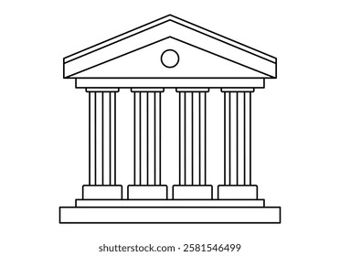 Hand drawn cute outline illustration of courthouse. Flat vector court building line art doodle. Facade with column icon or print. Justice and law. Control and order. Government legislation. Isolated.