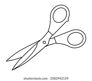 Hand drawn cute outline illustration of open scissors. Flat vector shears cutting tool line art doodle. Repair or craft icon or sticker. Haircut symbol. Separation or division sign. Isolated.