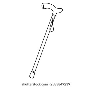 Hand drawn cute outline illustration of walking stick. Flat vector disability device outline doodle. Health care treatment sticker, icon. Rehabilitation hospital cane. Diversity or inclusion. Isolated