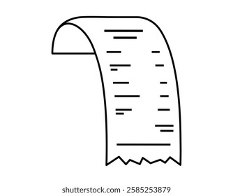 Hand drawn cute outline illustration sales receipt. Flat vector money transaction check sticker in line art doodle. Successful purchase. Store invoice or payment icon or print. Bank bill. Isolated.