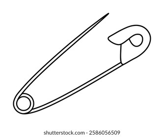 Hand drawn cute outline illustration open safety pin. Flat vector sewing clip needle line art doodle. Repair attach tool. Clasp-pin talisman icon or sticker. Superstition or good luck sign. Isolated.