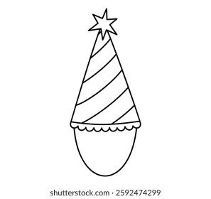 Hand drawn cute outline illustration of party hat. Flat vector cone festive cap sticker line art doodle. Greeting festival wear. Birthday or new year concept icon. Celebration event. Isolated.