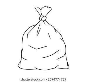 Hand drawn cute outline illustration of big garbage bag. Flat vector plastic package with trash, environmental pollution design in line art doodle style. Ecology sticker, icon. Isolated.