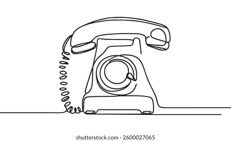 Hand drawn cute outline illustration of retro phone handset. Flat vector old telephone with dial sticker in simple line art doodle style. Call device line icon or print. Isolated on white background.