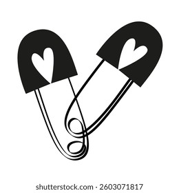 Hand drawn cute outline illustration open safety pin. Clasp-pin talisman icon with hearts. Superstition or good luck sign