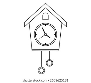 Hand drawn cute outline illustration of vintage wall cuckoo clock. Flat vector old time countdown device line art doodle. Education or study sticker, icon. Time management. Deadline timer. Isolated.