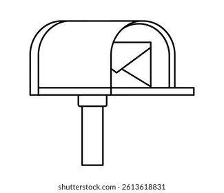 Hand drawn cute outline illustration of mailbox with letter. Flat vector letter box line art doodle. Communication or correspondence icon. Postbox with new message. Delivery service sticker. Isolated.